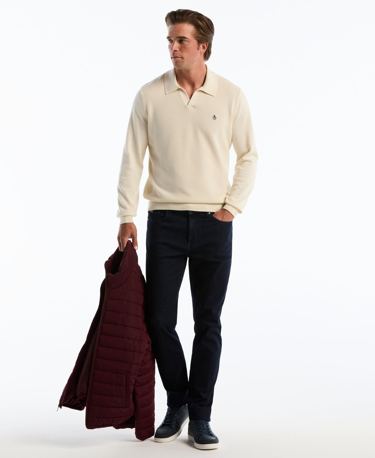 Original Penguin Honeycomb Johnny Collar Long Sleeve Sweater Polo