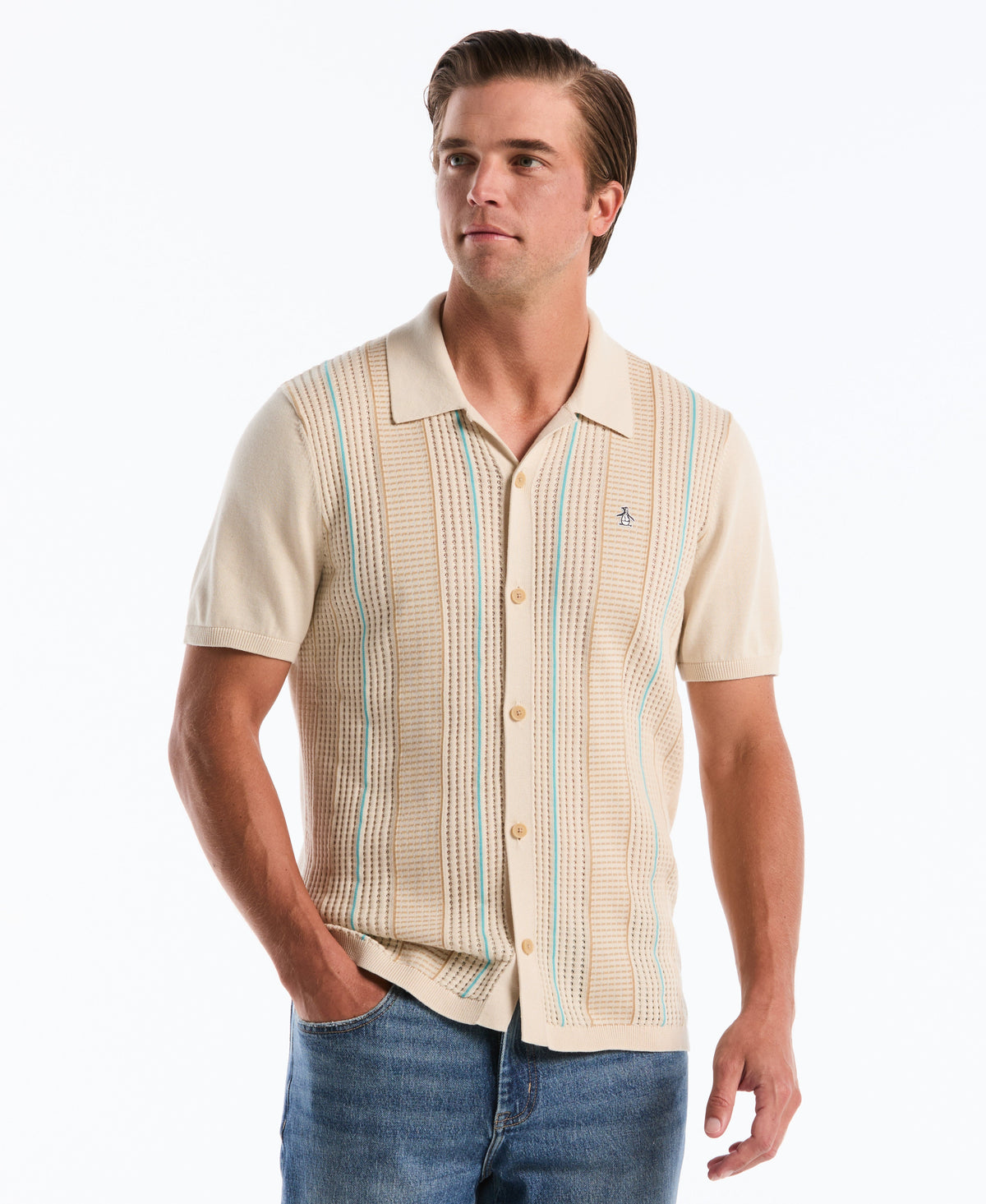 Original Penguin Vertical Striped Button-Up Sweater Polo