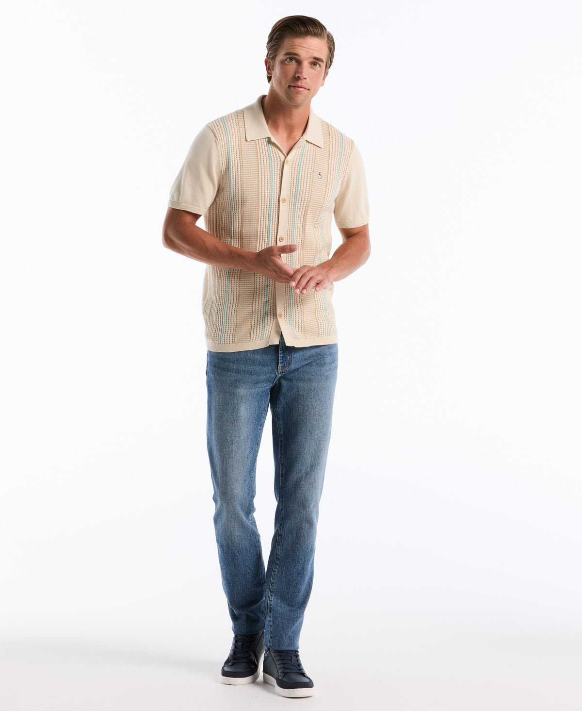 Original Penguin Vertical Striped Button-Up Sweater Polo